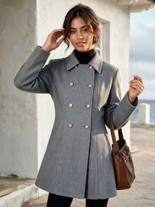 Faunlyn Jaket Wol Campuran Lengan Panjang Kasual Serbaguna Warna Polos untuk Wanita, Pakaian Musim Gugur dan Musim Dingin untuk Wanita - Dark Grey - View 7