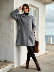 Faunlyn Jaket Wol Campuran Lengan Panjang Kasual Serbaguna Warna Polos untuk Wanita, Pakaian Musim Gugur dan Musim Dingin untuk Wanita - Dark Grey - View 5