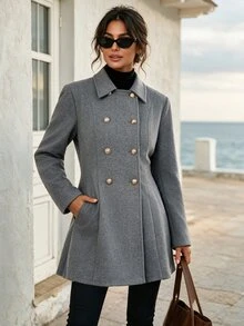 Faunlyn Jaket Wol Campuran Lengan Panjang Kasual Serbaguna Warna Polos untuk Wanita, Pakaian Musim Gugur dan Musim Dingin untuk Wanita - Dark Grey - View 1