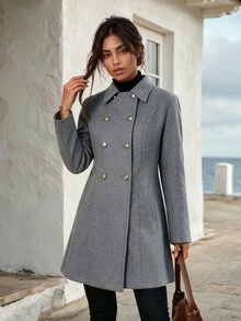 Faunlyn Jaket Wol Campuran Lengan Panjang Kasual Serbaguna Warna Polos untuk Wanita, Pakaian Musim Gugur dan Musim Dingin untuk Wanita - Dark Grey - View 3