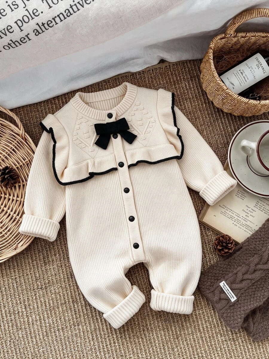Souflis Souflis Baby Girl Black And White Checkered Romper Elegant Cute Family Matching Fashionable Outfit Mild Color Birthday Party Autumn - 米色 - 查看 1