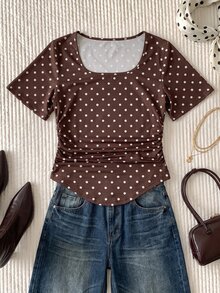 Comfortcana Spring/Summer Casual Commute Party Music Festival Vacation Polka Dot Print T-Shirt - Brown - View 3