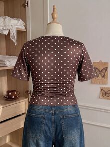 Comfortcana Spring/Summer Casual Commute Party Music Festival Vacation Polka Dot Print T-Shirt - Brown - View 2