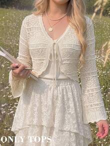 SHEIN MOD Plus Size Early Autumn Beige Crochet Bell Sleeve Cardigan, Vintage Crochet Pattern , Casual Daily Wear, Travel Vacation , Sun Protection Fall - Beige - View 1