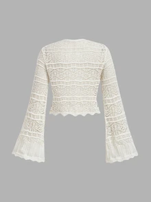 SHEIN MOD Plus Size Early Autumn Beige Crochet Bell Sleeve Cardigan, Vintage Crochet Pattern , Casual Daily Wear, Travel Vacation , Sun Protection Fall - Beige - View 2