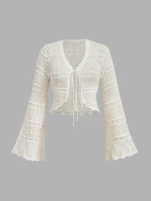 SHEIN MOD Plus Size Early Autumn Beige Crochet Bell Sleeve Cardigan, Vintage Crochet Pattern , Casual Daily Wear, Travel Vacation , Sun Protection Fall - Beige - View 5