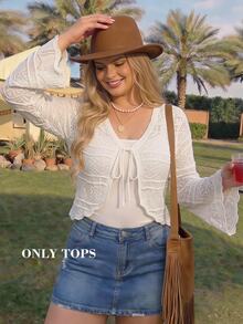 SHEIN MOD Plus Size Early Autumn Beige Crochet Bell Sleeve Cardigan, Vintage Crochet Pattern , Casual Daily Wear, Travel Vacation , Sun Protection Fall - Beige - View 9