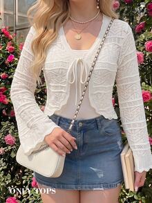 SHEIN MOD Plus Size Early Autumn Beige Crochet Bell Sleeve Cardigan, Vintage Crochet Pattern , Casual Daily Wear, Travel Vacation , Sun Protection Fall - Beige - View 6