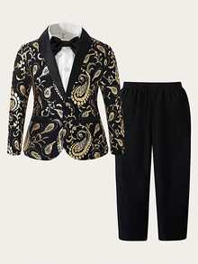 Young Boy's Elegant Gentleman's Outfit,Metallic Gold Pattern Lapel Suit Jacket,Sophisticated Traditional Wedding Apparel,Refined Child's Gold Set - Multicolor - View 6