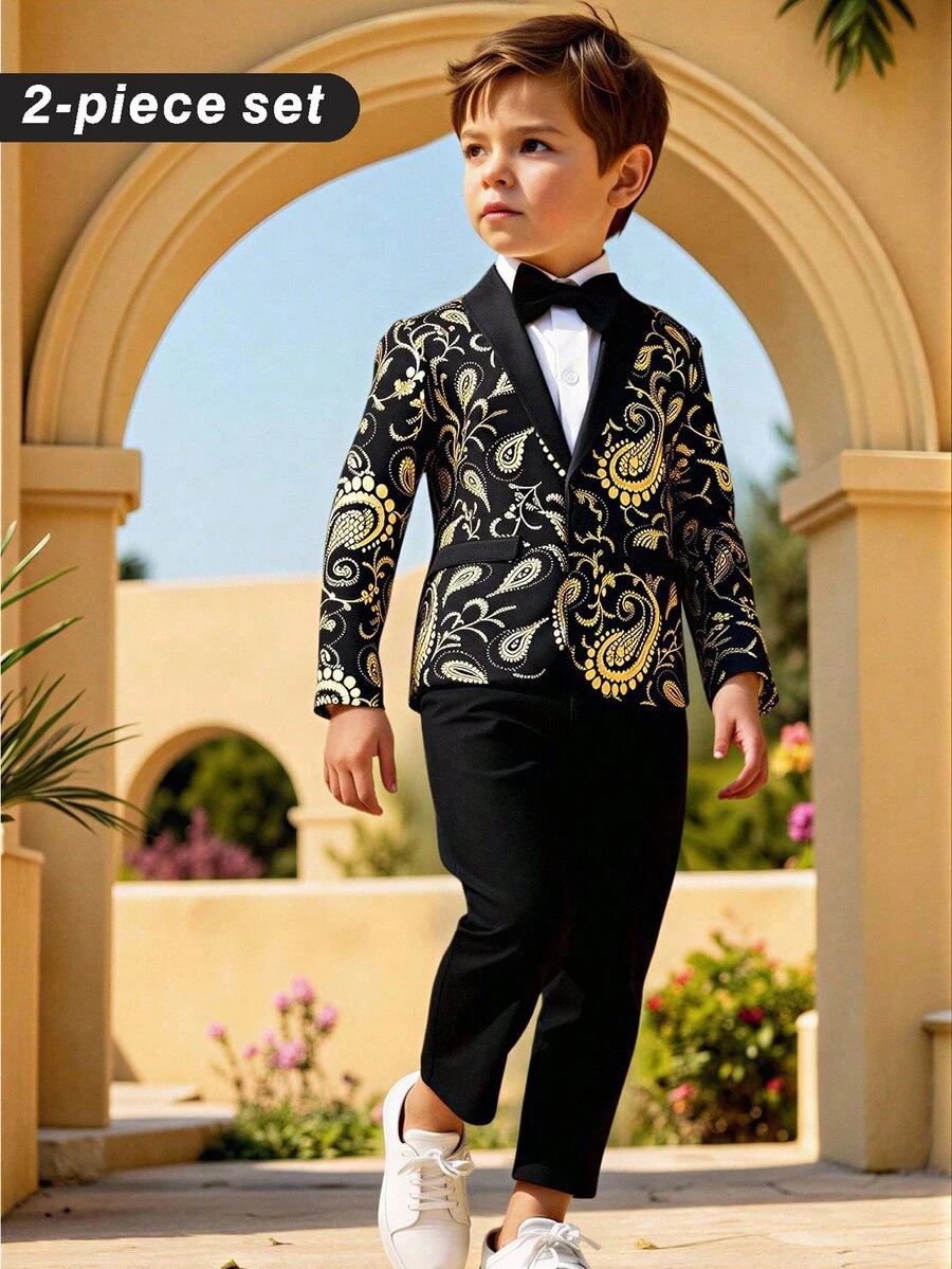 Young Boy's Elegant Gentleman's Outfit,Metallic Gold Pattern Lapel Suit Jacket,Sophisticated Traditional Wedding Apparel,Refined Child's Gold Set