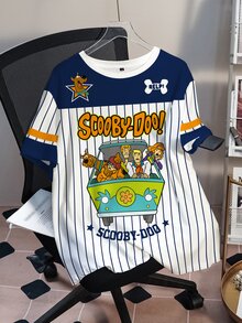 SCOOBY-DOO X SHEIN 大码撞色条纹卡通印花休闲圆领短袖T恤，夏季 - 白色 - 查看 3