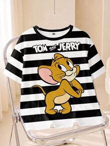 TOM & JERRY X SHEIN 大尺碼女款字母與卡通印花休閒日常短袖T恤 - 白色 - 查看 1