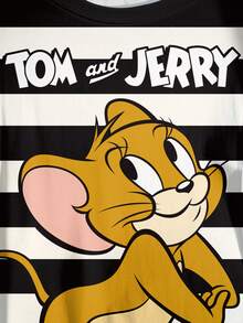 TOM & JERRY X SHEIN 大尺碼女款字母與卡通印花休閒日常短袖T恤 - 白色 - 查看 5
