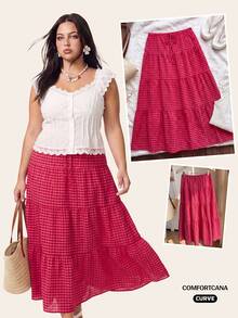 Comfortcana Women's Plus Size Casual Plaid Skirt For Vacation - Watermelon Pink - View 10