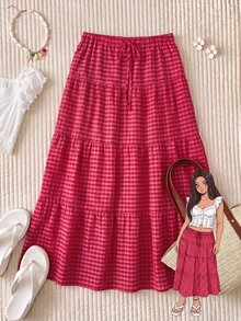 Comfortcana Women's Plus Size Casual Plaid Skirt For Vacation - Watermelon Pink - View 11