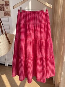 Comfortcana Women's Plus Size Casual Plaid Skirt For Vacation - Watermelon Pink - View 2