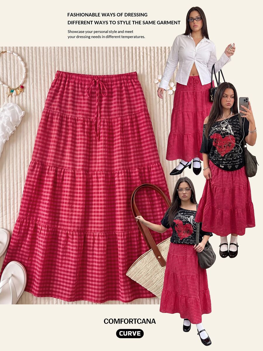Comfortcana Women's Plus Size Casual Plaid Skirt For Vacation - Watermelon Pink - View 1