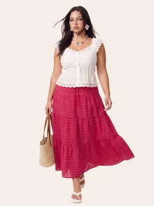 Comfortcana Women's Plus Size Casual Plaid Skirt For Vacation - Watermelon Pink - View 12