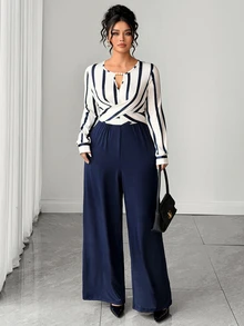 Elenzga French Vintage Elegant Commuter Round Neck Cross Tie Contrast Color Striped Print Beaded Jumpsuit - Navy Blue - View 5