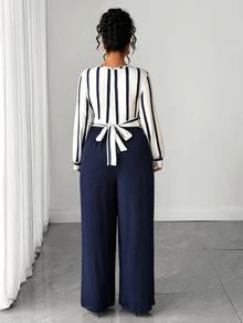 Elenzga French Vintage Elegant Commuter Round Neck Cross Tie Contrast Color Striped Print Beaded Jumpsuit - Navy Blue - View 2