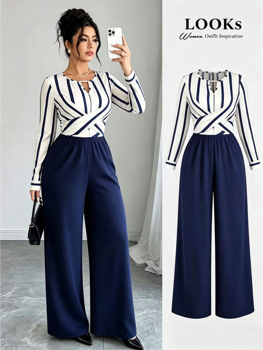Elenzga French Vintage Elegant Commuter Round Neck Cross Tie Contrast Color Striped Print Beaded Jumpsuit - Navy Blue - View 1