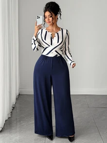 Elenzga French Vintage Elegant Commuter Round Neck Cross Tie Contrast Color Striped Print Beaded Jumpsuit - Navy Blue - View 3
