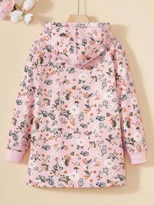SHEIN 少女款米色長袖連帽加厚毛絨外套，復古碎花拉鍊中長版保暖夾克，秋季服飾 - 彩色 - 查看 3