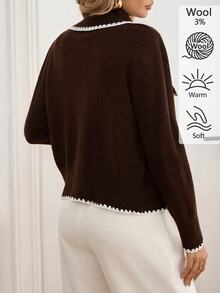 Omancia Women's Vintage Shell Embroidery Button Long Sleeve Knit Cardigan - Coffee Brown - View 2