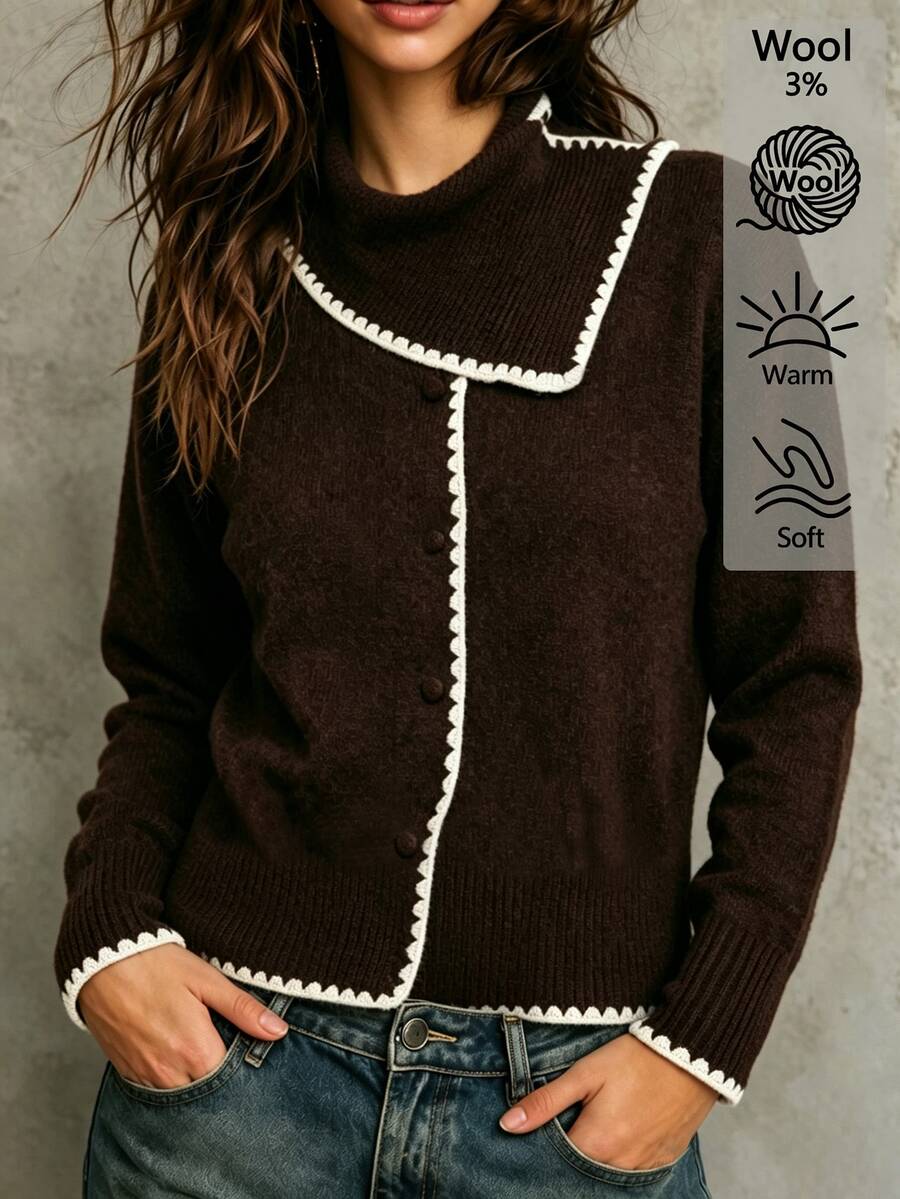 Omancia Women's Vintage Shell Embroidery Button Long Sleeve Knit Cardigan - Coffee Brown - View 1