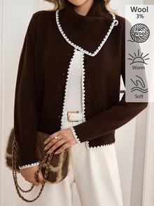 Omancia Women's Vintage Shell Embroidery Button Long Sleeve Knit Cardigan - Coffee Brown - View 4