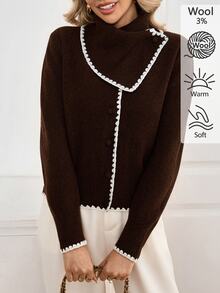 Omancia Women's Vintage Shell Embroidery Button Long Sleeve Knit Cardigan - Coffee Brown - View 6