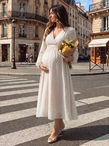 SHEIN فستان أمومة بلون المشمش بأكمام طويلة كاجوال عملي - لون مشمشي - مشاهدة 10
