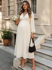 SHEIN فستان أمومة بلون المشمش بأكمام طويلة كاجوال عملي - لون مشمشي - مشاهدة 1