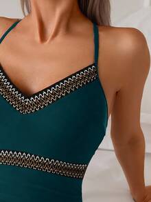 SHEIN Swim 女士假日波浪条纹拼接吊带连体泳衣 - 水鴨藍 - 查看 5