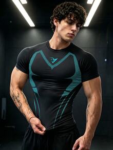 GymBeat Men's Contrast Color Short Sleeve Compression Sports T-Shirt, Gym - Multicolor - View 1