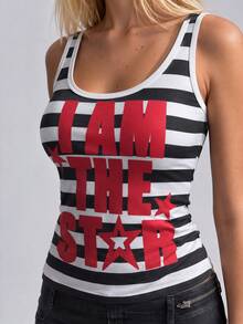 ROMWE Grunge Punk Women's Striped Letter Print Casual Everyday Top - White - View 5