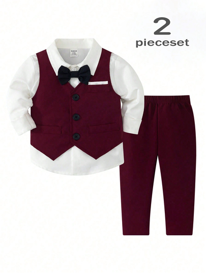 Trajes elegantes de moda con bloques de color y decoración de lazo para niños pequeños, otoño