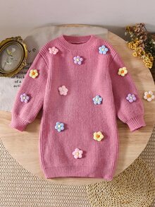 SHEIN Vintaside Kids 女童手工针织花朵连衣裙，圆领长灯笼袖可爱优雅粉色连衣裙，女童针织连衣裙，女童毛衣连衣裙，女童花朵连衣裙，少女毛衣连衣裙，秋冬季 - 粉色 - 查看 5