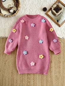 SHEIN Vintaside Kids 女童手工针织花朵连衣裙，圆领长灯笼袖可爱优雅粉色连衣裙，女童针织连衣裙，女童毛衣连衣裙，女童花朵连衣裙，少女毛衣连衣裙，秋冬季 - 粉色 - 查看 1