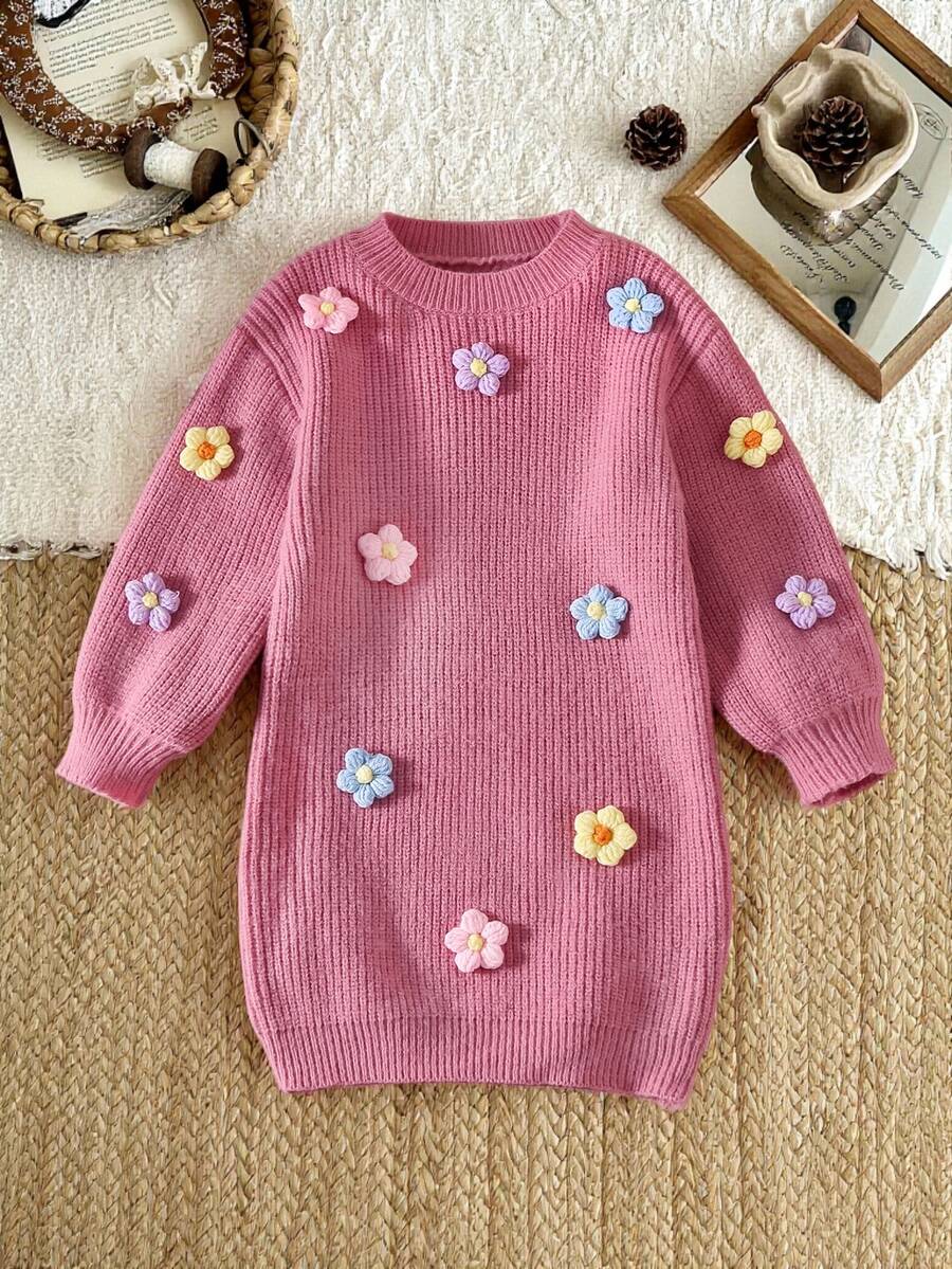 SHEIN Vintaside Kids 女童手工针织花朵连衣裙,圆领长灯笼袖可爱优雅粉色连衣裙,女童针织连衣裙,女童毛衣连衣裙,女童花朵连衣裙,少女毛衣连衣裙,秋冬季 - 粉色 - 查看 1
