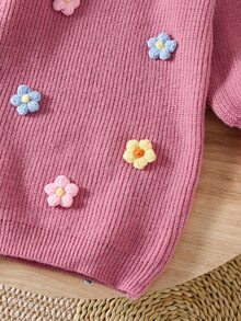 SHEIN Vintaside Kids 女童手工针织花朵连衣裙，圆领长灯笼袖可爱优雅粉色连衣裙，女童针织连衣裙，女童毛衣连衣裙，女童花朵连衣裙，少女毛衣连衣裙，秋冬季 - 粉色 - 查看 4