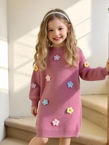 SHEIN Vintaside Kids 女童手工针织花朵连衣裙，圆领长灯笼袖可爱优雅粉色连衣裙，女童针织连衣裙，女童毛衣连衣裙，女童花朵连衣裙，少女毛衣连衣裙，秋冬季 - 粉色 - 查看 7