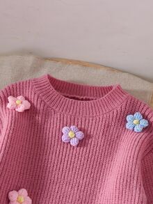 SHEIN Vintaside Kids 女童手工针织花朵连衣裙，圆领长灯笼袖可爱优雅粉色连衣裙，女童针织连衣裙，女童毛衣连衣裙，女童花朵连衣裙，少女毛衣连衣裙，秋冬季 - 粉色 - 查看 3