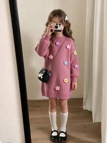 SHEIN Vintaside Kids 女童手工针织花朵连衣裙，圆领长灯笼袖可爱优雅粉色连衣裙，女童针织连衣裙，女童毛衣连衣裙，女童花朵连衣裙，少女毛衣连衣裙，秋冬季 - 粉色 - 查看 8