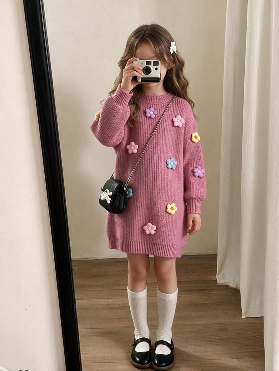 SHEIN Vintaside Kids 女童手工针织花朵连衣裙,圆领长灯笼袖可爱优雅粉色连衣裙,女童针织连衣裙,女童毛衣连衣裙,女童花朵连衣裙,少女毛衣连衣裙,秋冬季 - 粉色 - 查看 1