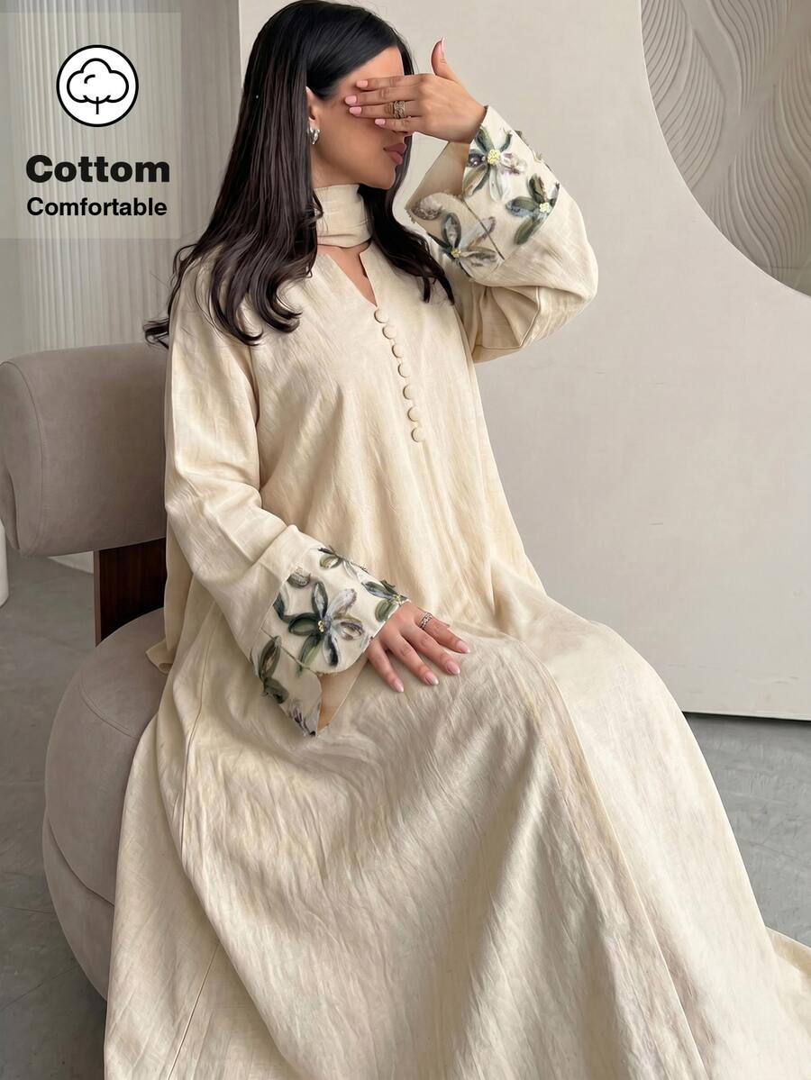 Yasmyna 女款杏色長袖鈕扣花卉網紗優雅洋裝,春夏優雅女裝 - 杏色 - 查看 1