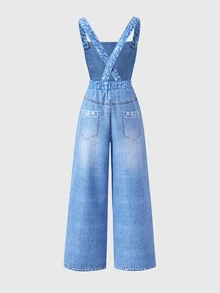 SHEIN Pantalones de tirantes con estampado de estrellas de punto para niñas preadolescentes, adecuados para volver al colegio, ropa personalizada para primavera, verano y otoño - Azul - Ver 3