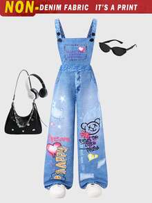 SHEIN Pantalones de tirantes con estampado de estrellas de punto para niñas preadolescentes, adecuados para volver al colegio, ropa personalizada para primavera, verano y otoño - Azul - Ver 5