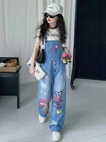 SHEIN Pantalones de tirantes con estampado de estrellas de punto para niñas preadolescentes, adecuados para volver al colegio, ropa personalizada para primavera, verano y otoño - Azul - Ver 2