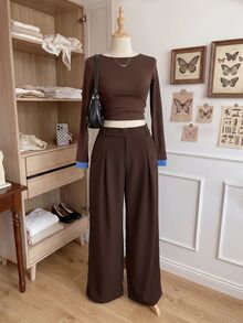Comfortcana 大尺碼女款休閒柔軟修身棕色西裝長褲，適合外出與休閒通勤，教師節辦公室正式夏季穿搭 - 棕色 - 查看 5